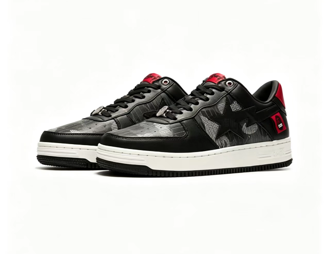 BAPE STA Grey Plaid Collage Low-Top Sneakers | Black & Red