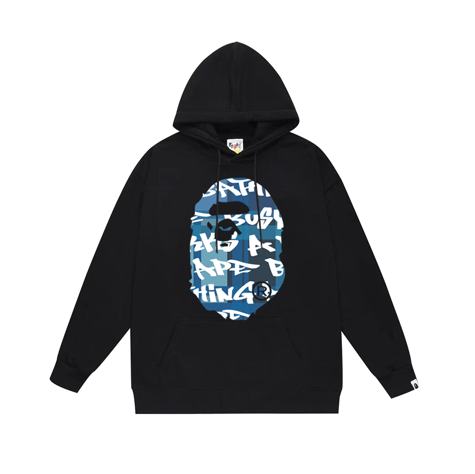 BAPE Blue Graffiti Ape Head Front & Back Graphic Pullover Hoodie