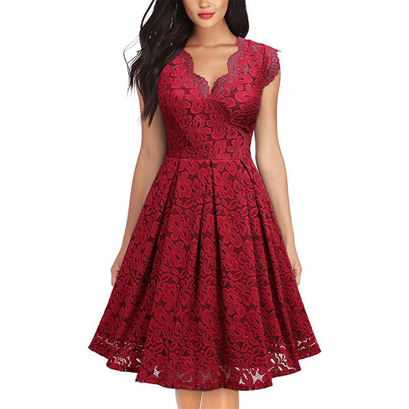 Valentine's Day Dress Vintage Lace V-neck Sleeveless Swing Dress