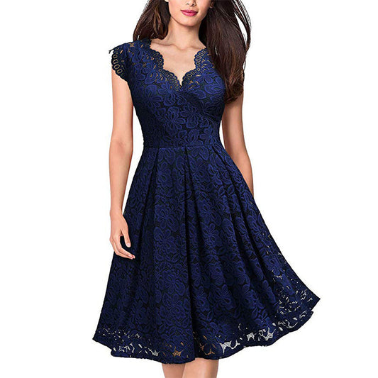 Valentine's Day Dress Vintage Lace V-neck Sleeveless Swing Dress