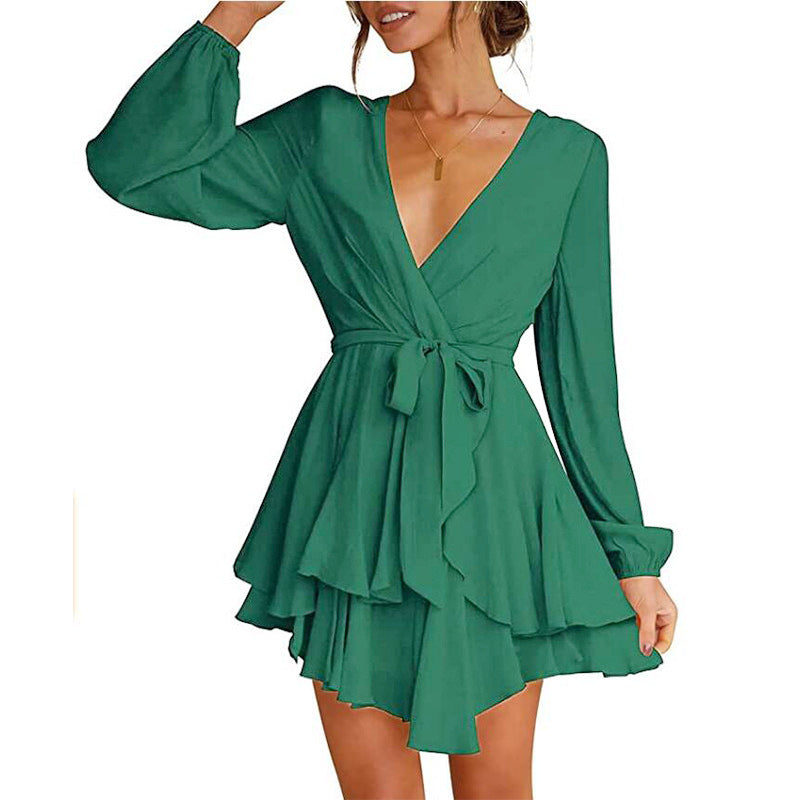 Valentine's Day Dress Women's High Waist V-neck Dress Solid Color Casual Short Skirt