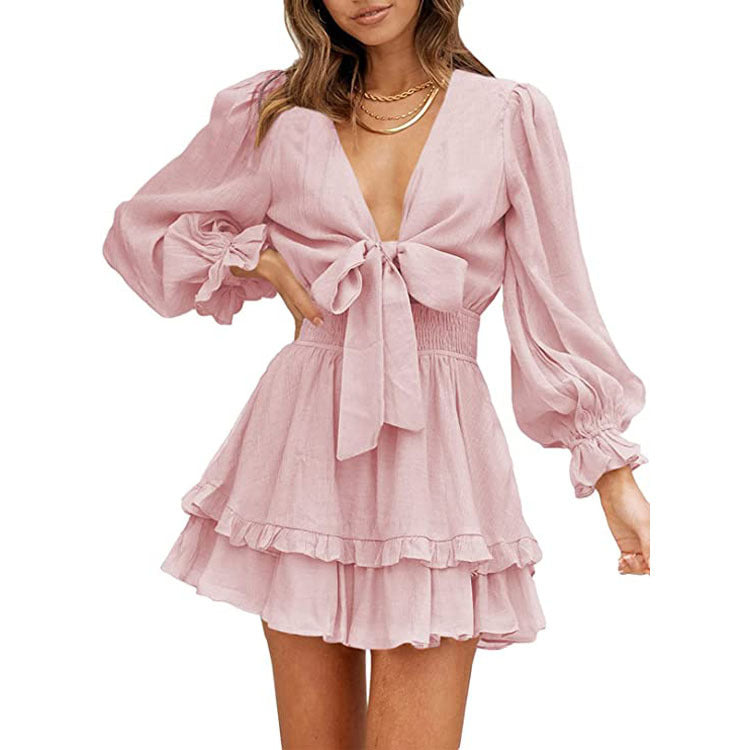 Valentine's Day Dress Autumn Long Sleeve Ruffled Solid Color Dress for Women