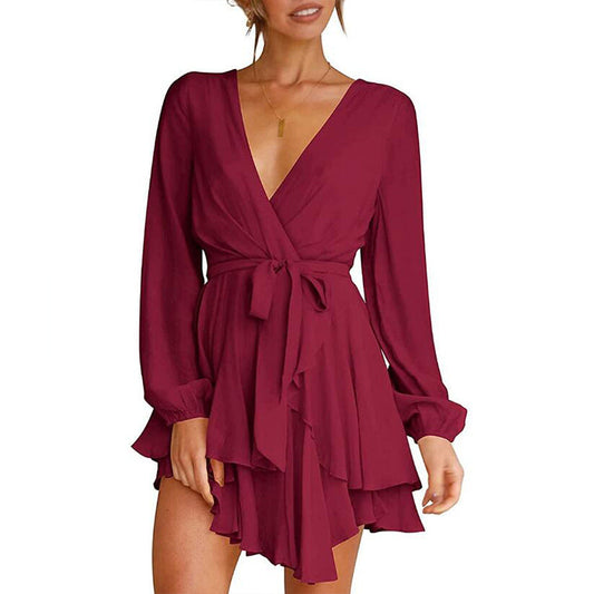 Valentine's Day Dress Women's High Waist V-neck Dress Solid Color Casual Short Skirt