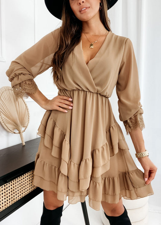 Valentine's Day Dress Women's Long-Sleeved Pullover V-neck Flounce Dress
