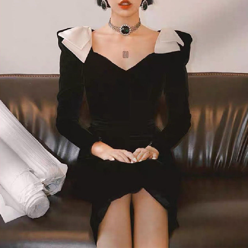 Valentine's Day Dress High Black Bow Velvet Dress Autumn and Winter Dress