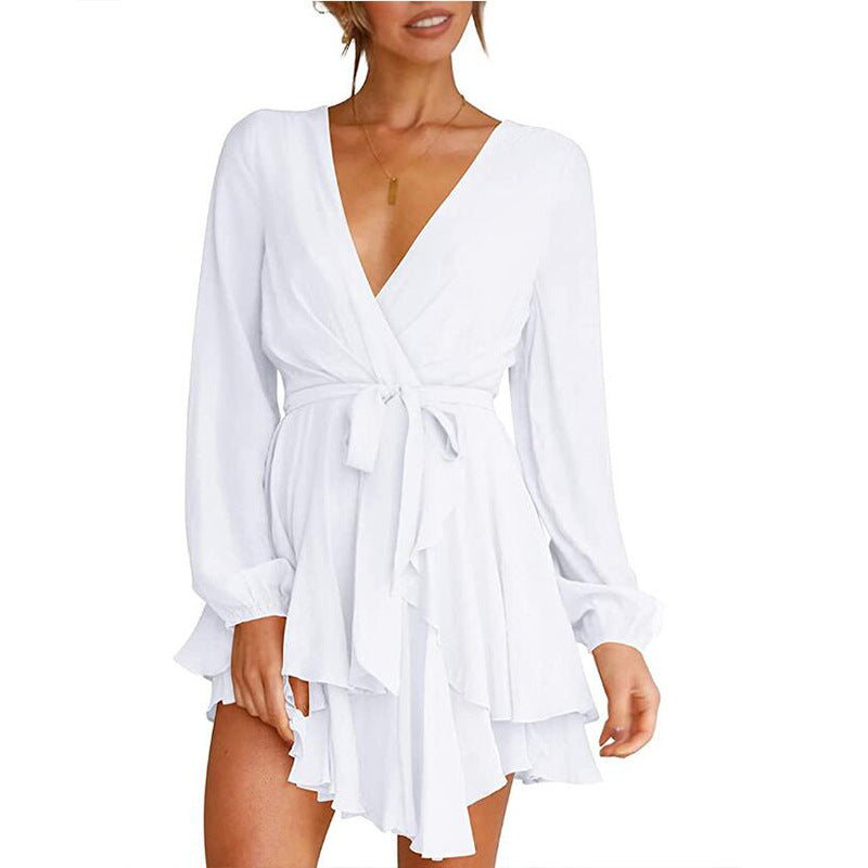 Valentine's Day Dress Women's High Waist V-neck Dress Solid Color Casual Short Skirt
