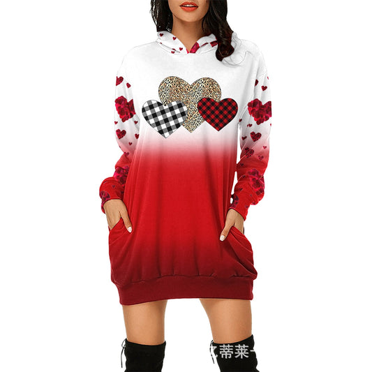 Valentine's Day Dress Hooded Long Sleeve Printed Skirt