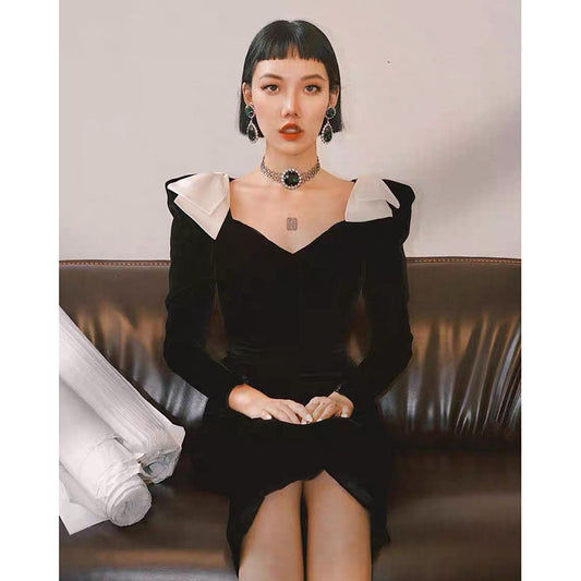 Valentine's Day Dress High Black Bow Velvet Dress Autumn and Winter Dress