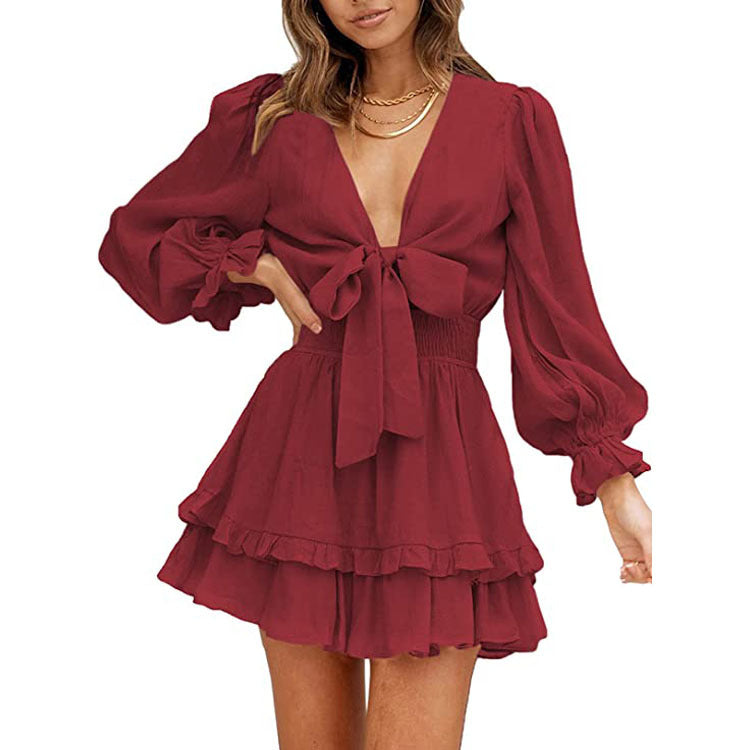 Valentine's Day Dress Autumn Long Sleeve Ruffled Solid Color Dress for Women