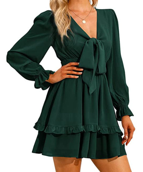 Valentine's Day Dress Autumn Long Sleeve Ruffled Solid Color Dress for Women