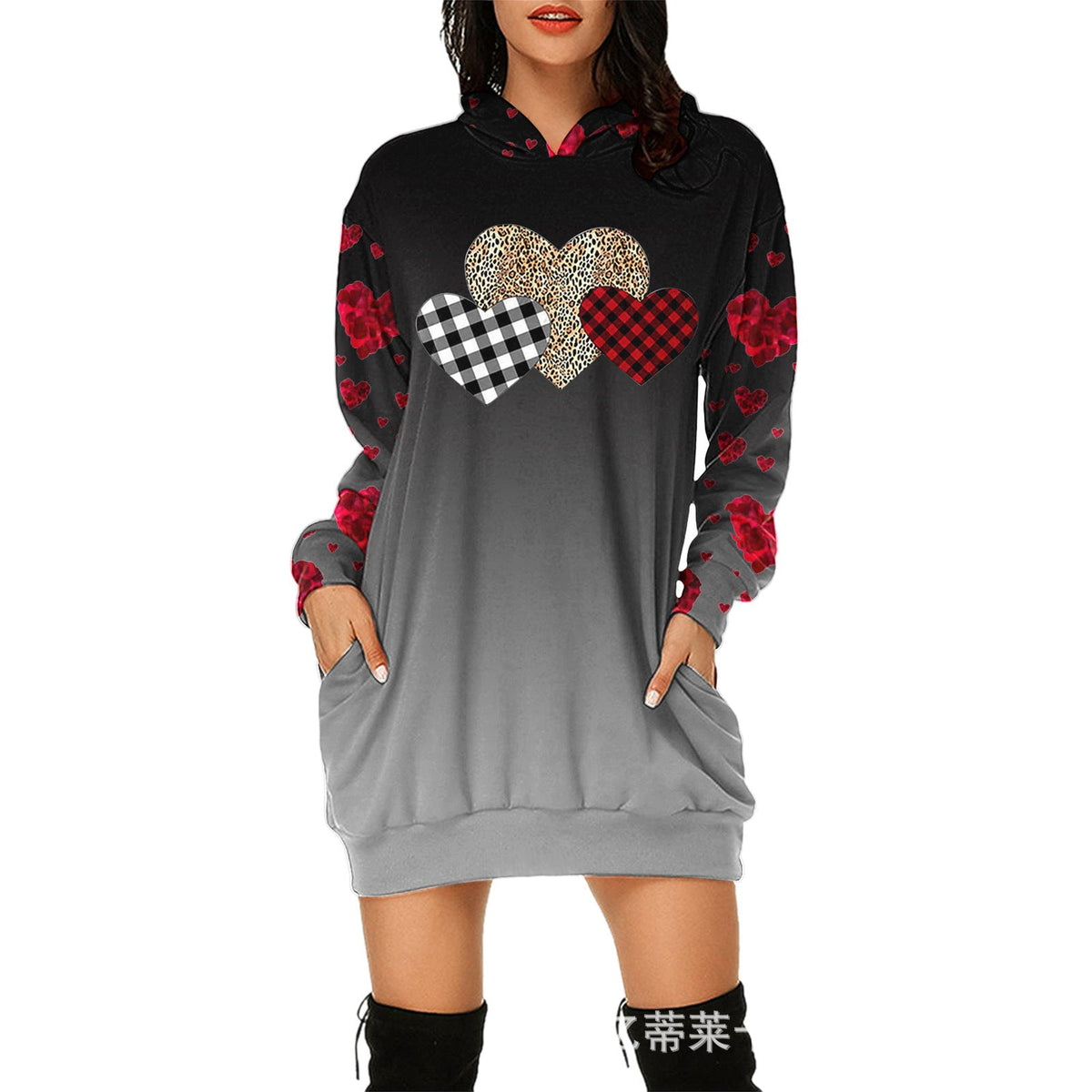 Valentine's Day Dress Hooded Long Sleeve Printed Skirt