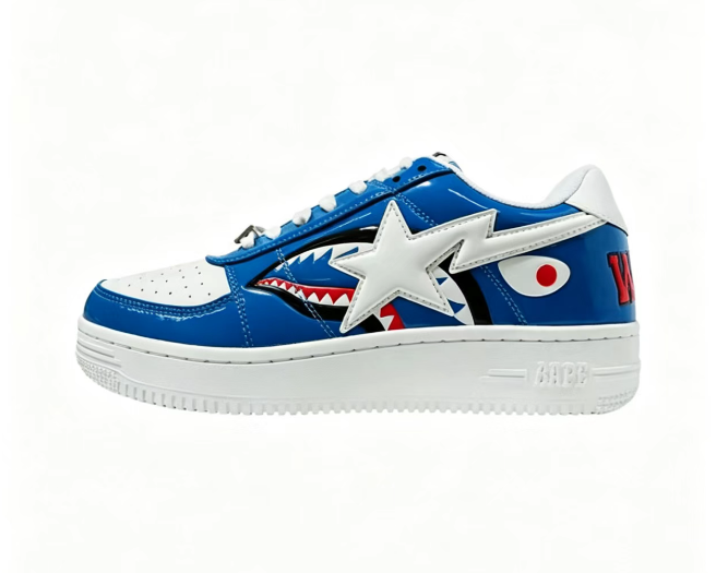 BAPE STA Blue Shark Face Low-Top Sneakers | White Star