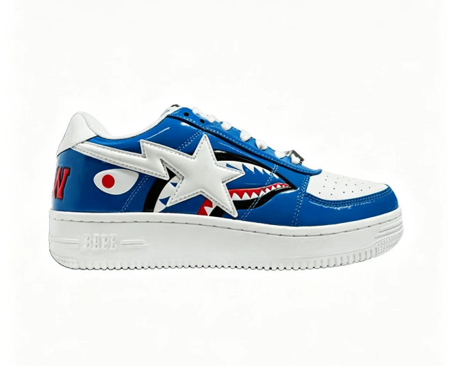 BAPE STA Blue Shark Face Low-Top Sneakers | White Star