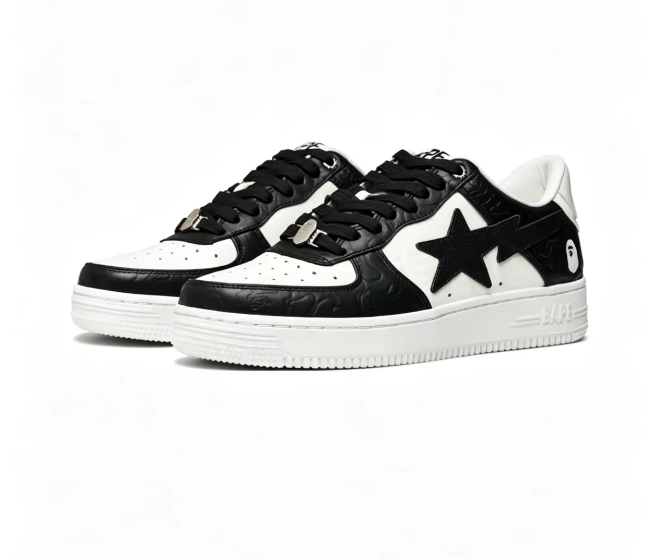 BAPE STA Black & White Tonal Pattern Low-Top Sneakers