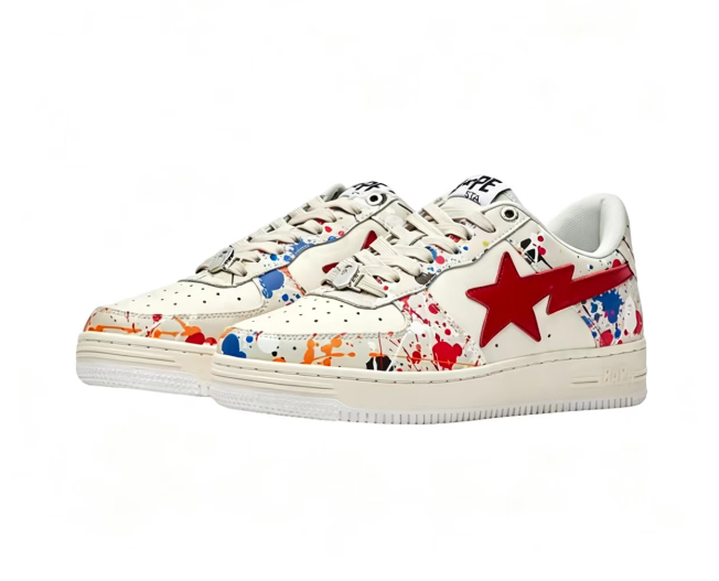 BAPE STA Multicolor Paint Splatter & Red Star Low-Top Sneakers