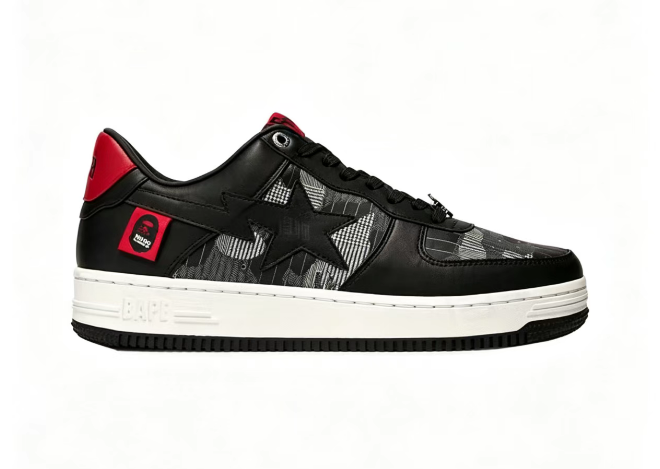 BAPE STA Grey Plaid Collage Low-Top Sneakers | Black & Red