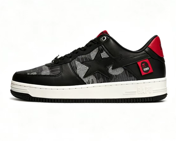 BAPE STA Grey Plaid Collage Low-Top Sneakers | Black & Red
