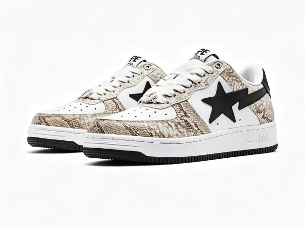BAPE STA Snakeskin-Pattern Low-Top Sneakers | White & Black