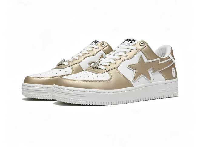 BAPE STA Metallic Gold & White Low-Top Sneakers