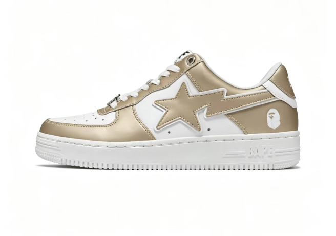 BAPE STA Metallic Gold & White Low-Top Sneakers