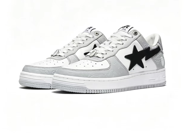 BAPE STA Grey Camo Low-Top Sneakers | White & Black