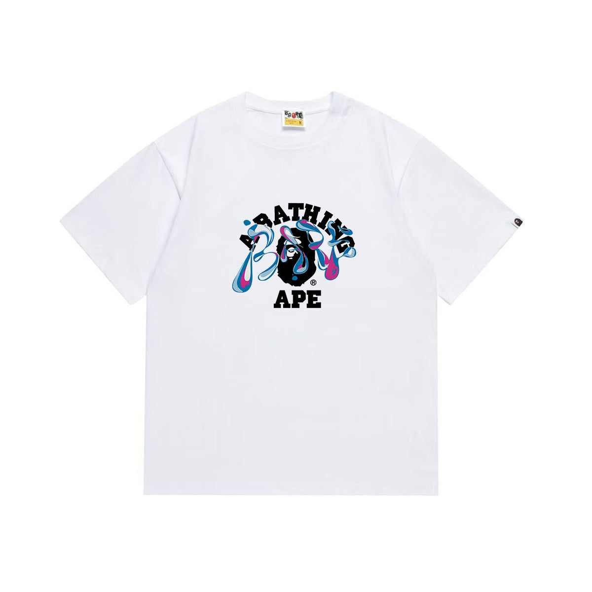 BAPE Blue & Pink Liquid-Style Ape Head Graphic T-Shirt