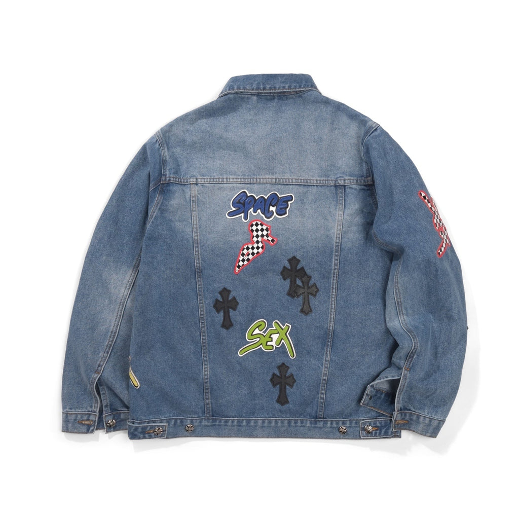 Patchwork Denim Jacket - Vintage Blue Gothic Street Jacket 0789